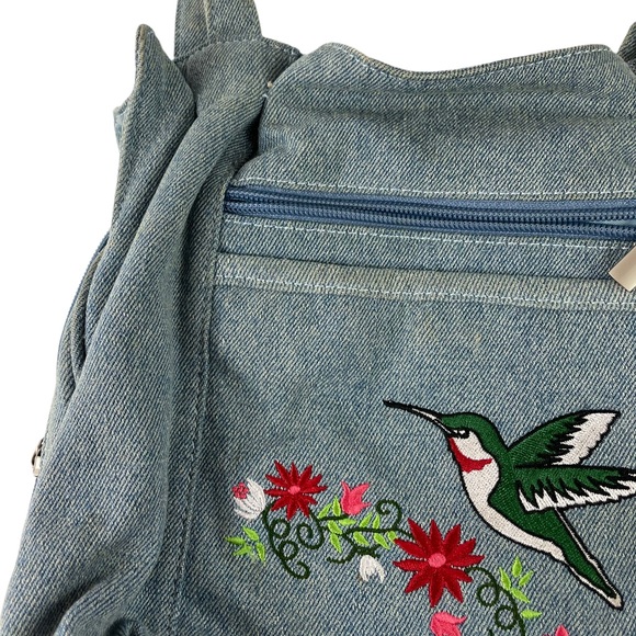 Vintage Cottagecore Mushroomcore Embroidered Denim Hummingbird Floral Handbag BL - Picture 5 of 15